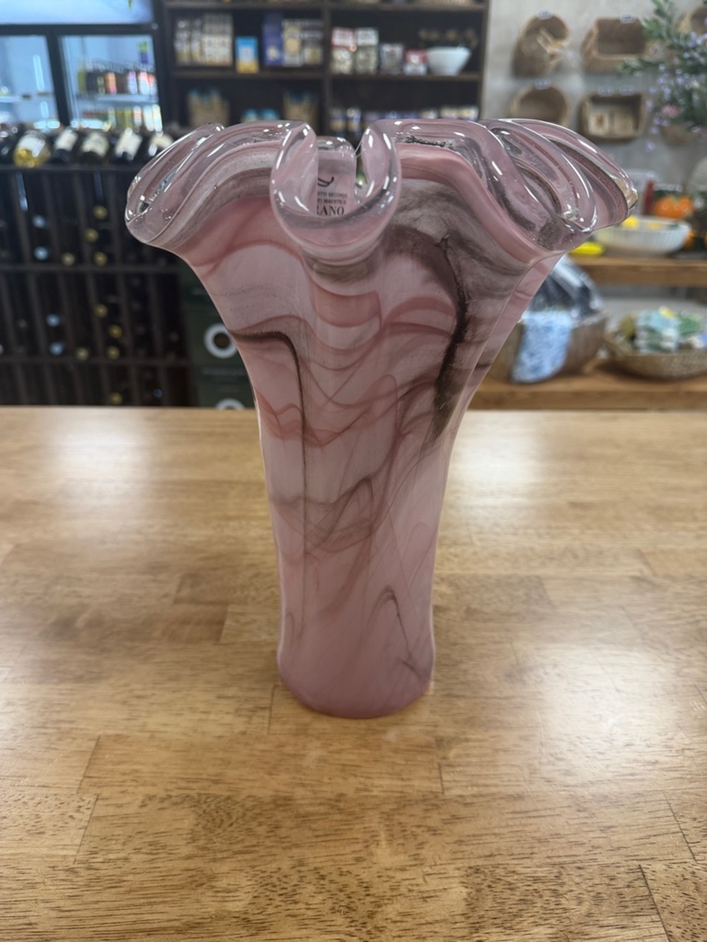 Murano Vintage Italian Pink Swirl Glass Vase- Handkerchief Style Rim